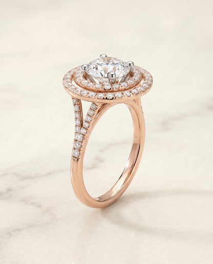 Round Brilliant, Double Halo Split Shank Pavé, in 14K Rose Gold, pave setting – front view | RockHer