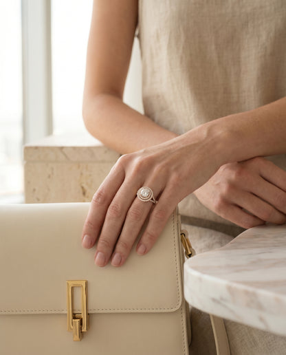 Round Brilliant, Double Halo Split Shank Pavé, in 14K Rose Gold, pave setting – lifestyle shot | RockHer