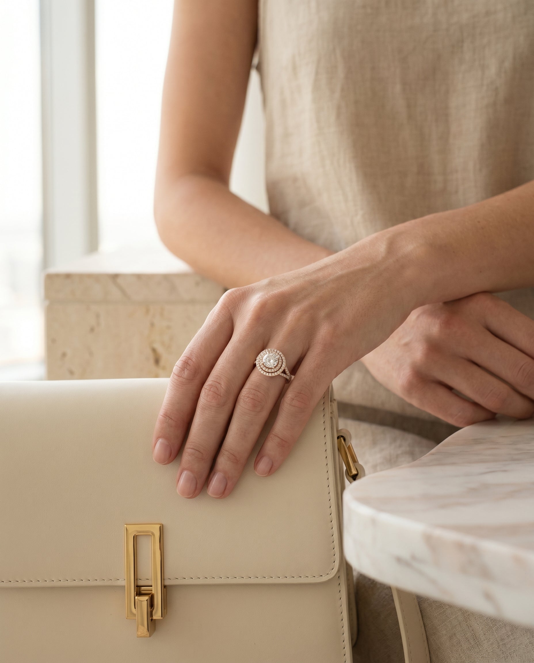 Nedda Select Double Halo Round Lab Diamond Engagement Ring in 14K Rose Gold, lifestyle | RockHer