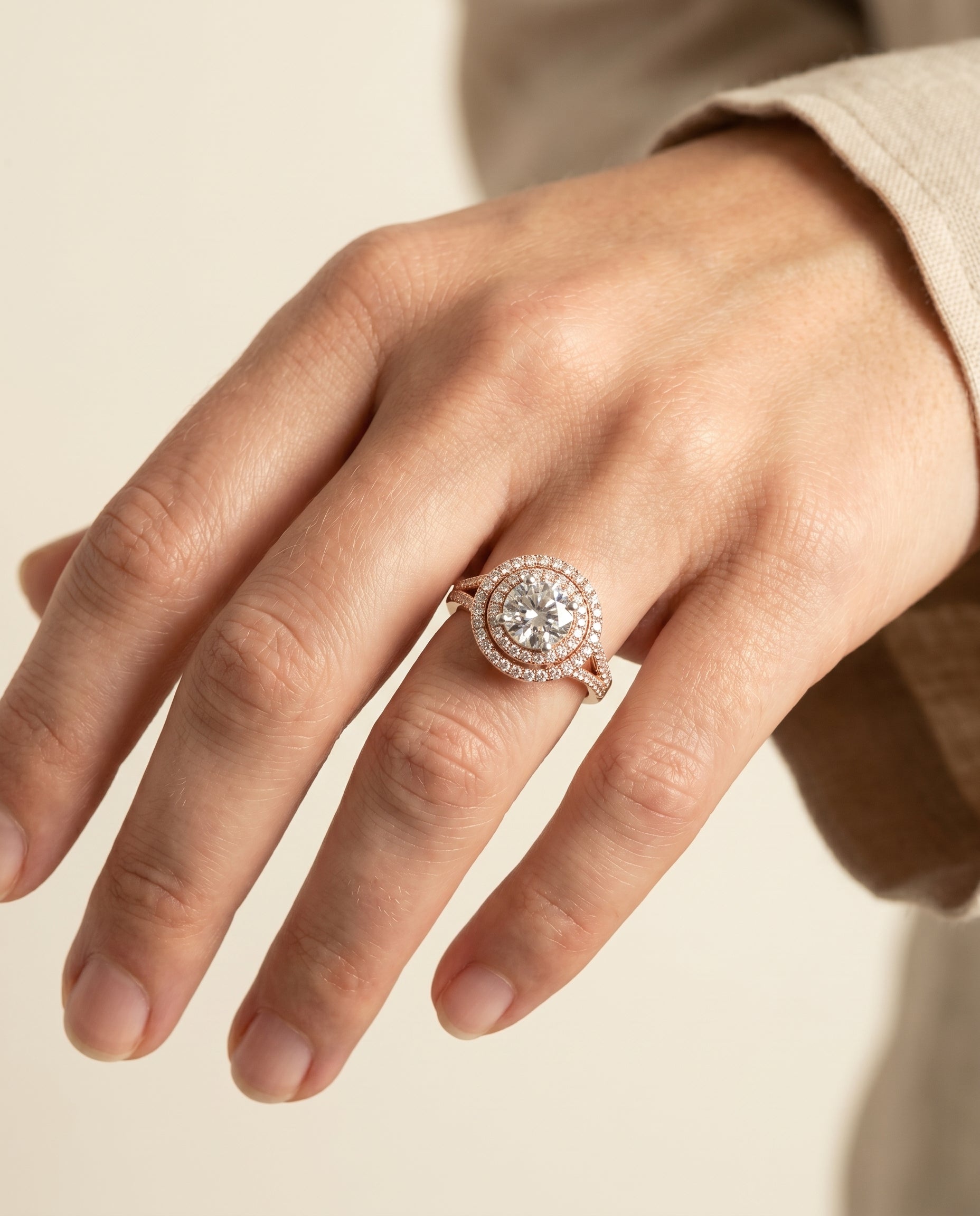 The Nedda engagement ring setting in 14K Rose Gold, double halo design | RockHer
