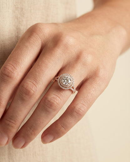 Round Brilliant, Double Halo Split Shank Pavé, in 14K Rose Gold, pave setting – lifestyle shot | RockHer