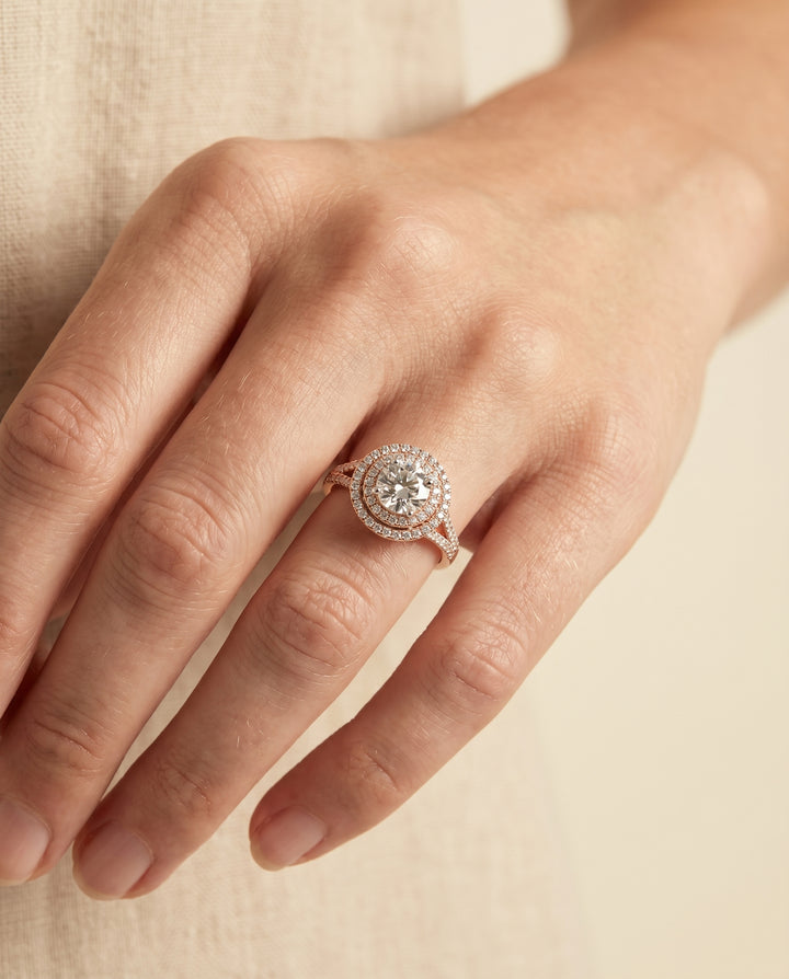 Round Brilliant, Double Halo Split Shank Pavé, in 14K Rose Gold, pave setting – lifestyle shot | RockHer
