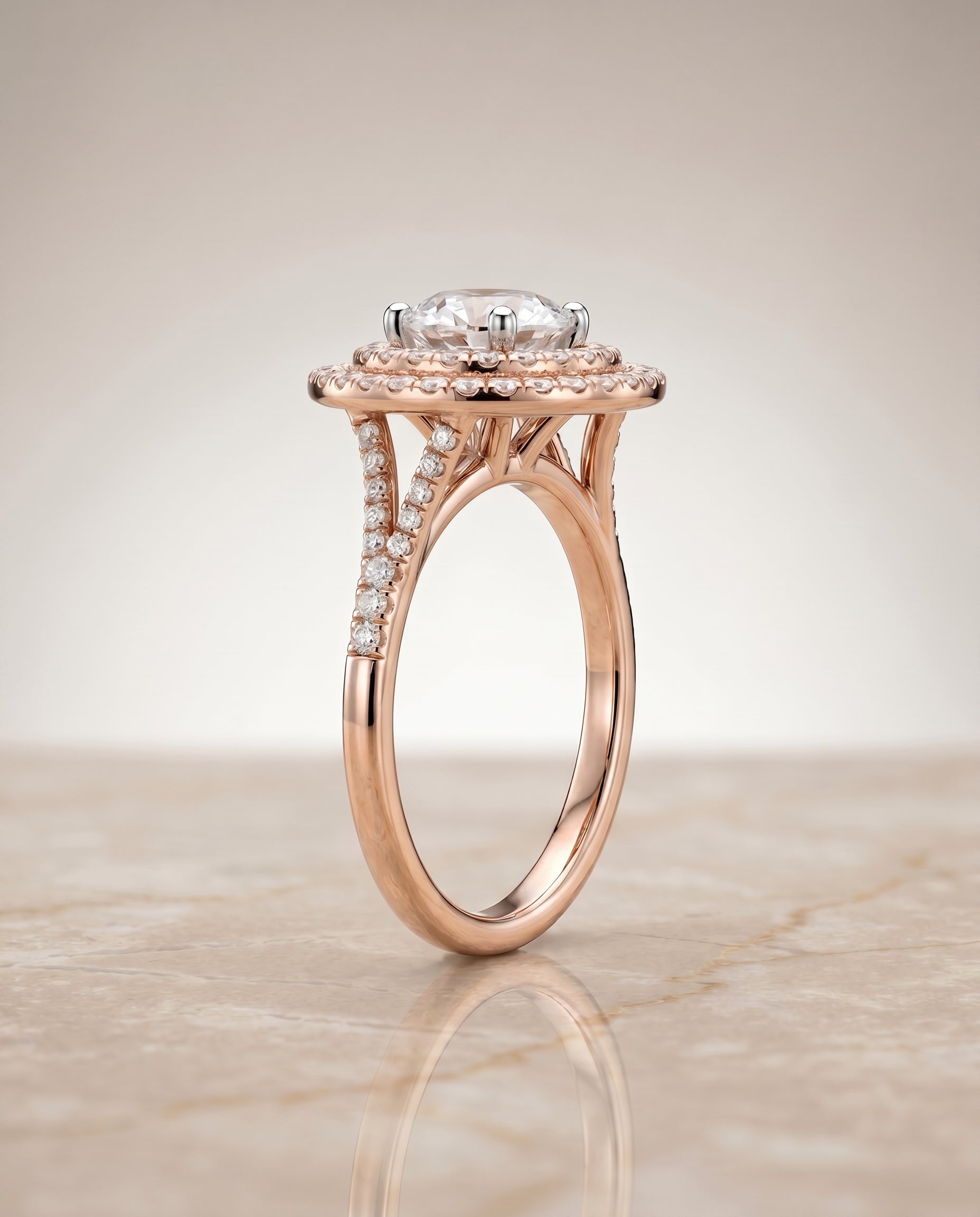 The Nedda double halo engagement ring setting, shown in 14K Rose Gold | RockHer