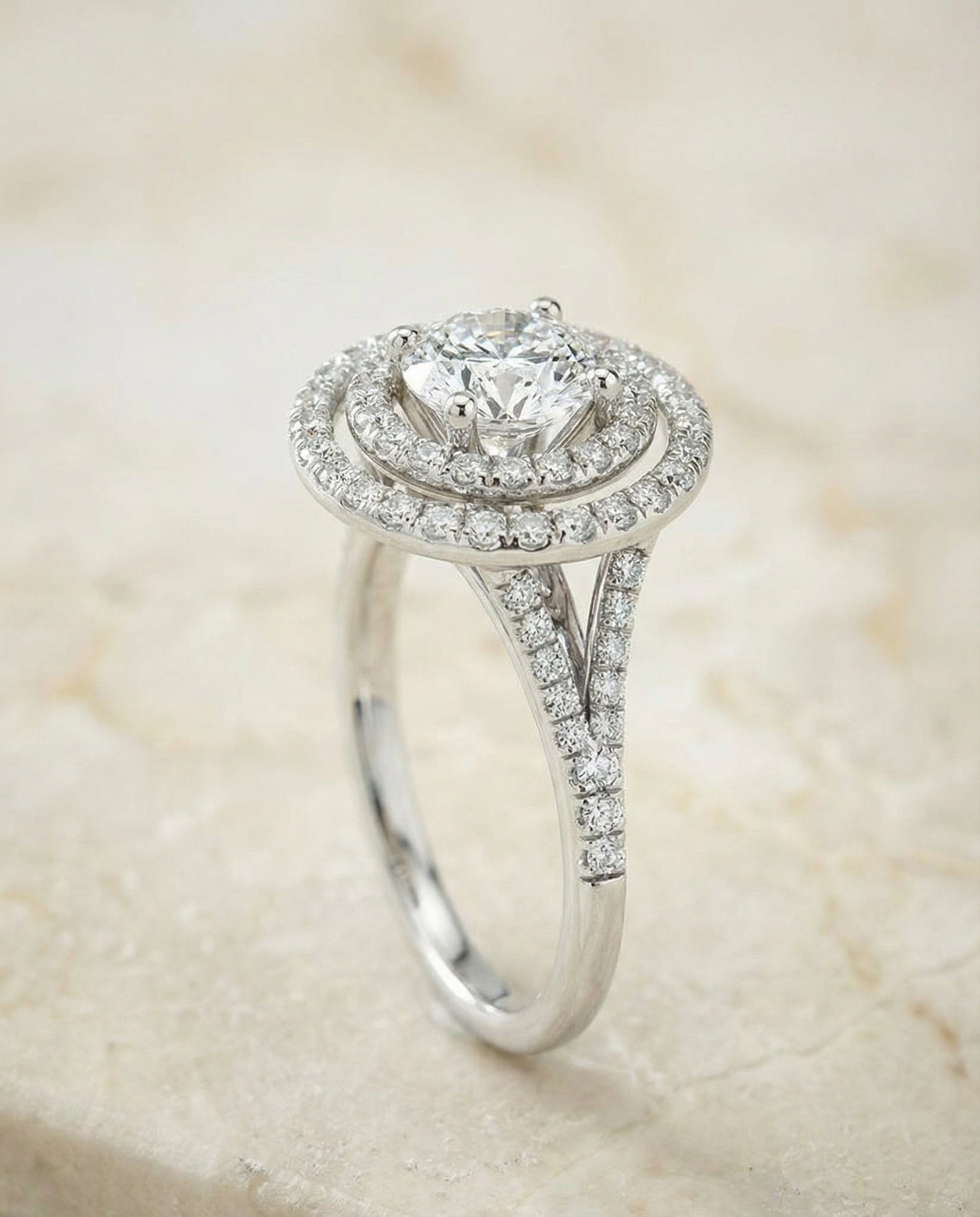 Double Halo styling on The Nedda round engagement ring setting | RockHer