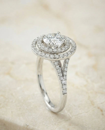 Round Brilliant, Double Halo Split Shank Pavé, in Platinum, pave setting – angled view | RockHer