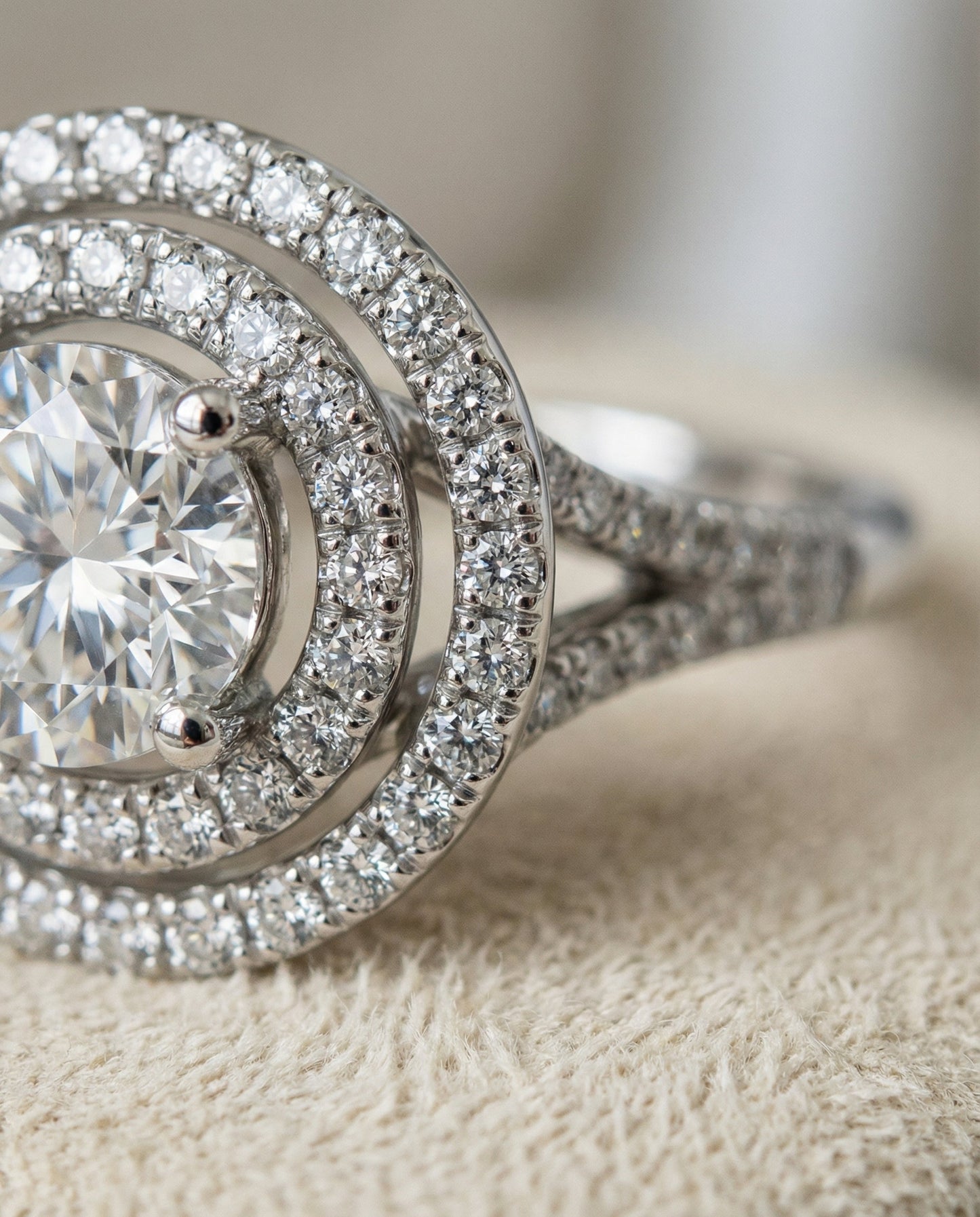 The Nedda Select Double Halo Split Shank Pave Solitaire Engagement Ring with Lab Diamond in 18K White Gold — view 4