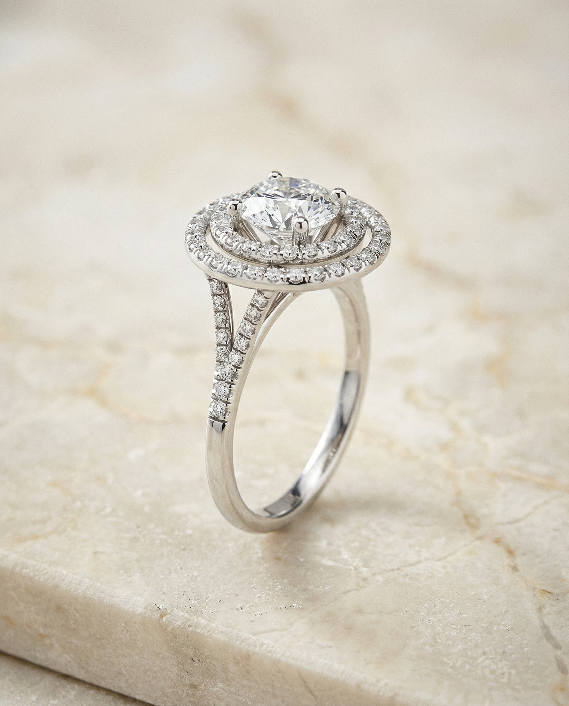 The Nedda double halo engagement ring setting, shown in Platinum | RockHer