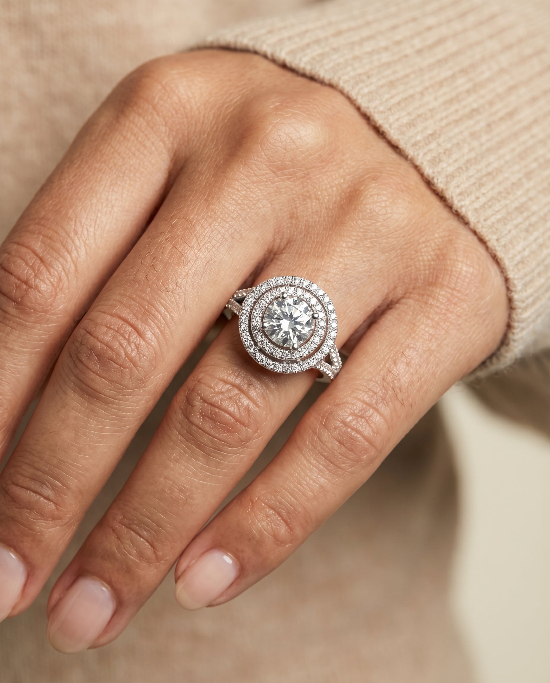 Nedda Select Double Halo Round Lab Diamond Engagement Ring in Platinum, shown on hand | RockHer