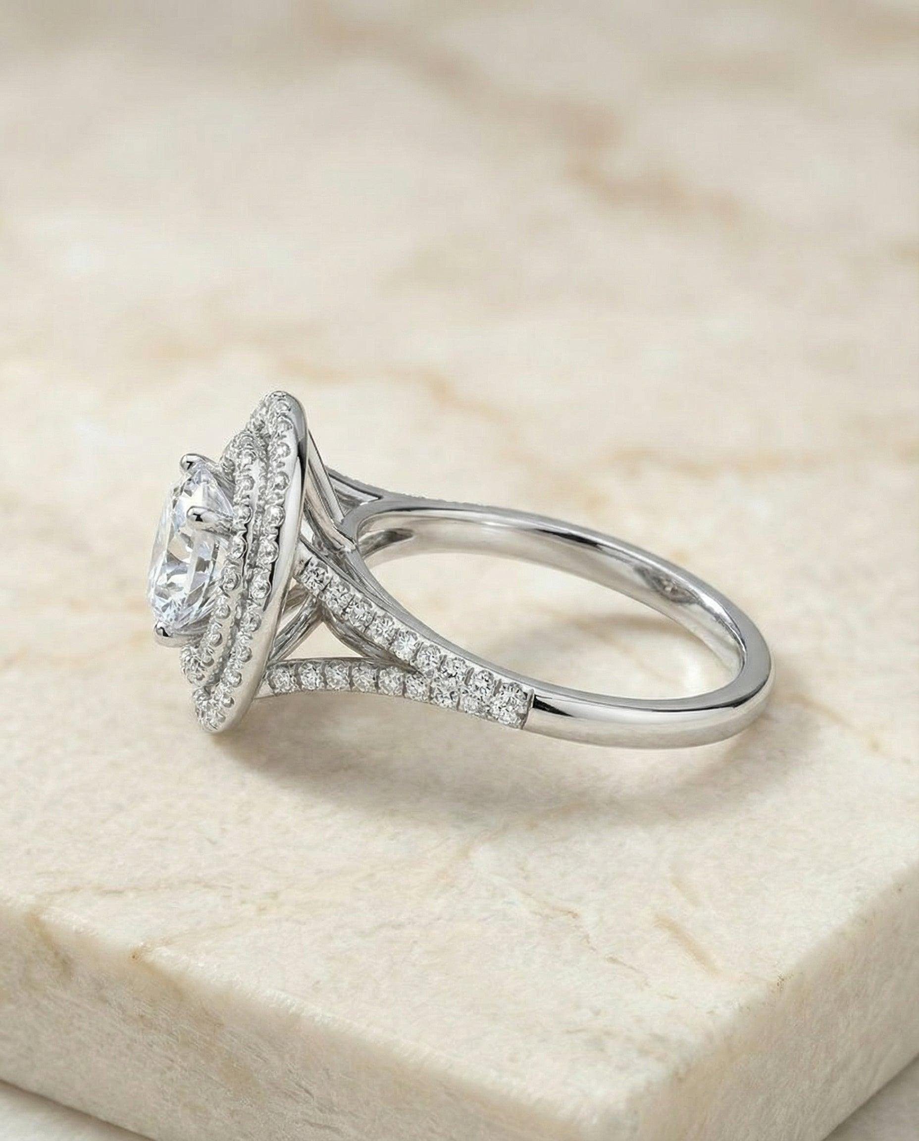 Nedda Select Double Halo Round Lab Diamond Engagement Ring in 18K White Gold, side view | RockHer