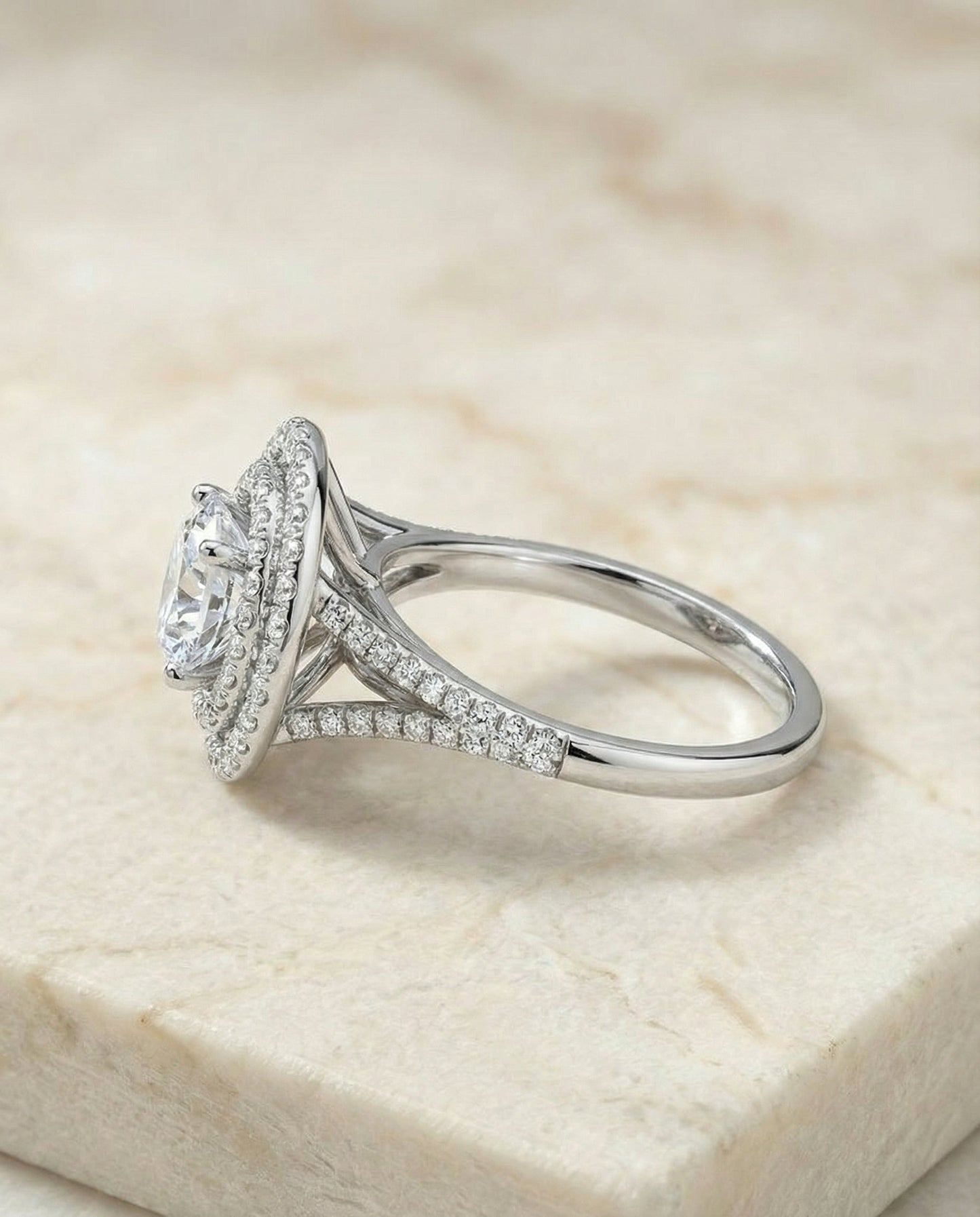 The Nedda Select Double Halo Split Shank Pave Solitaire Engagement Ring with Lab Diamond in 18K White Gold — view 2