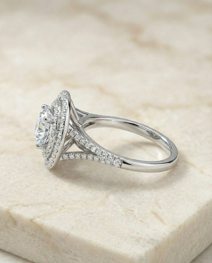 The Nedda Select Double Halo Split Shank Pave Solitaire Engagement Ring with Lab Diamond in 14K White Gold — view 2