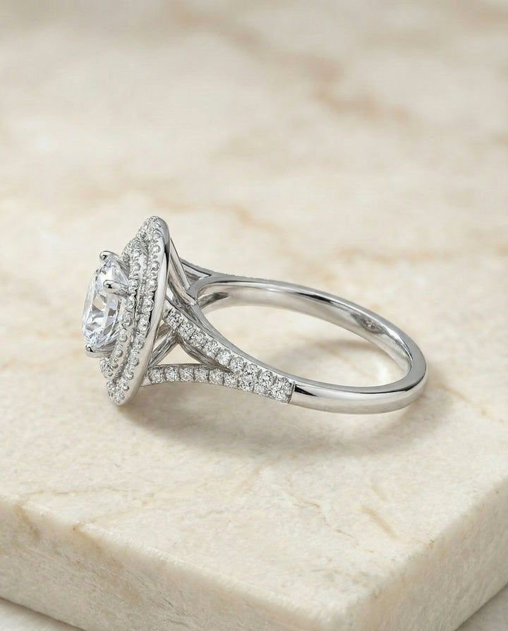 Round Brilliant, Double Halo Split Shank Pavé, in Platinum, pave setting – side profile | RockHer