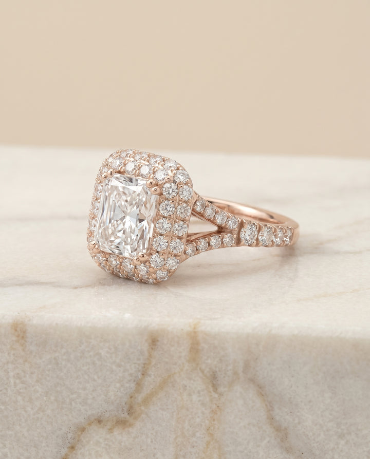 Double Halo Split Shank Radiant, in 14K Rose Gold, prong setting – angled view | RockHer