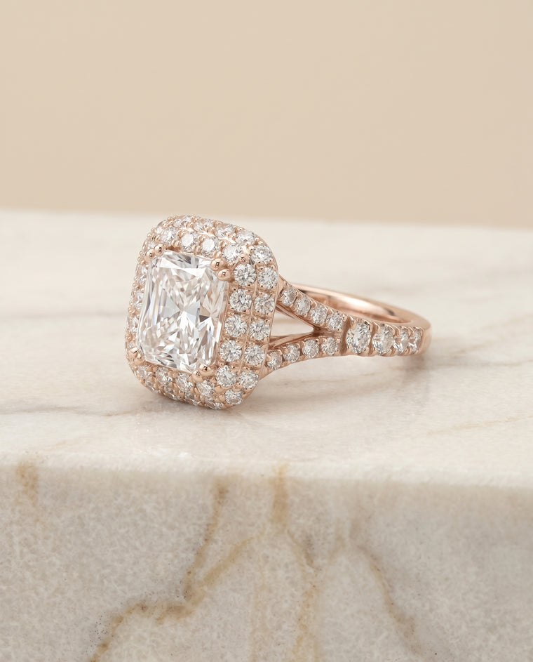 The Betty Double Halo Radiant Cut Engagement Ring Setting in 14K Rose Gold