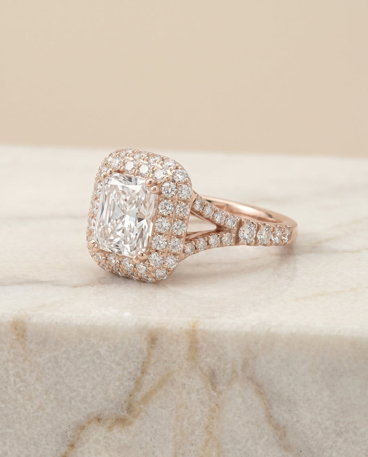 Betty Select Double Halo Radiant Cut Lab Diamond Engagement Ring in 14K Rose Gold, alternate angle | RockHer