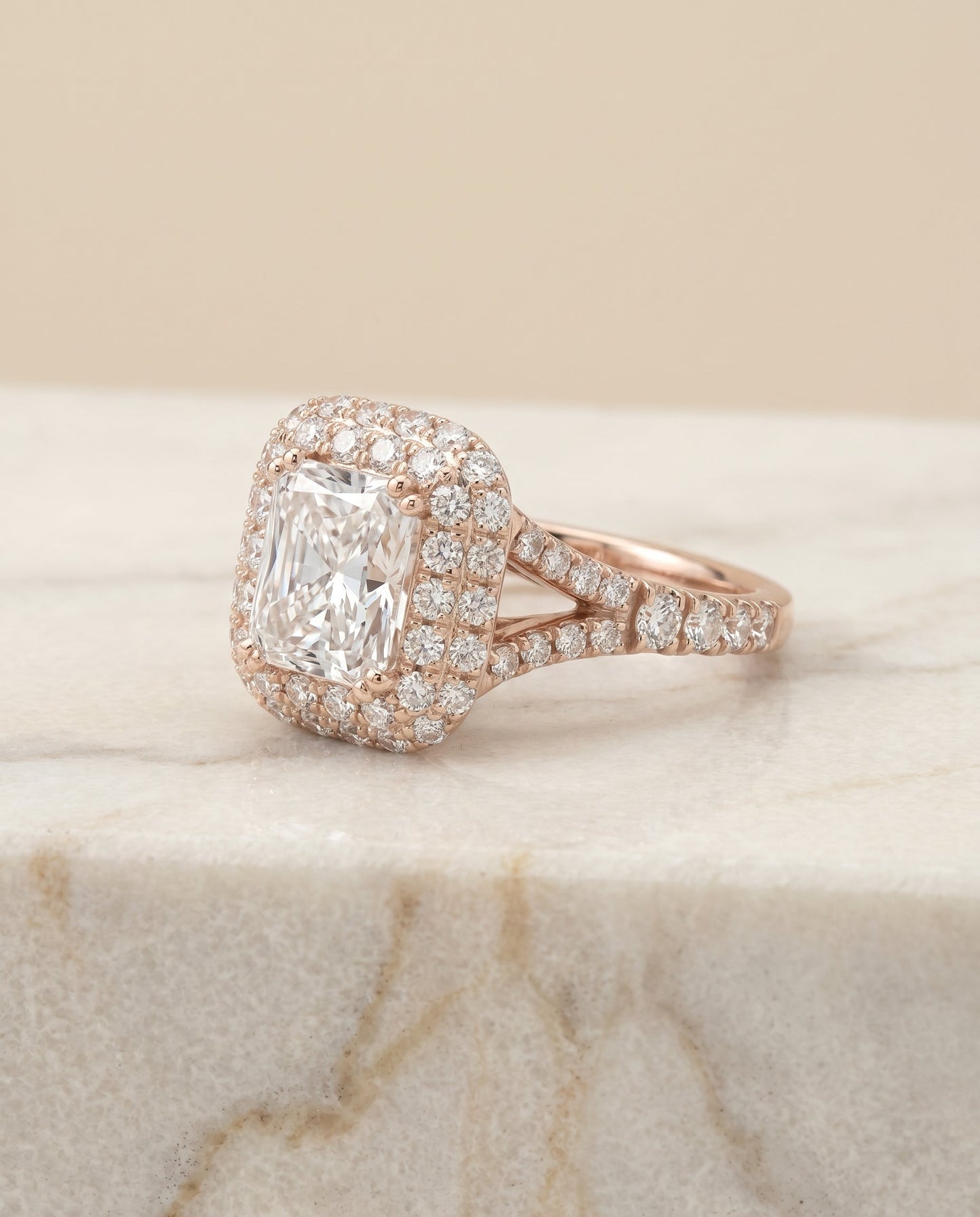Betty Select Double Halo Radiant Cut Lab Diamond Engagement Ring in 14K Rose Gold, alternate angle | RockHer