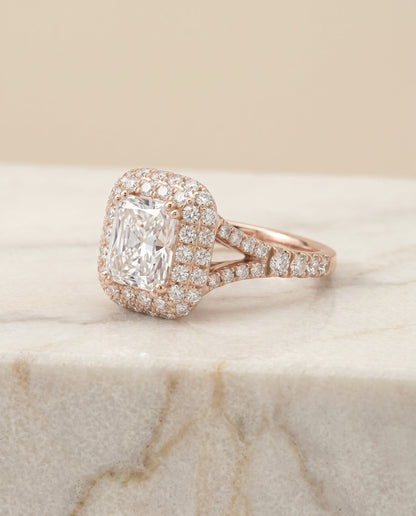 Betty Select Double Halo Radiant Cut Lab Diamond Engagement Ring in 14K Rose Gold, alternate angle | RockHer