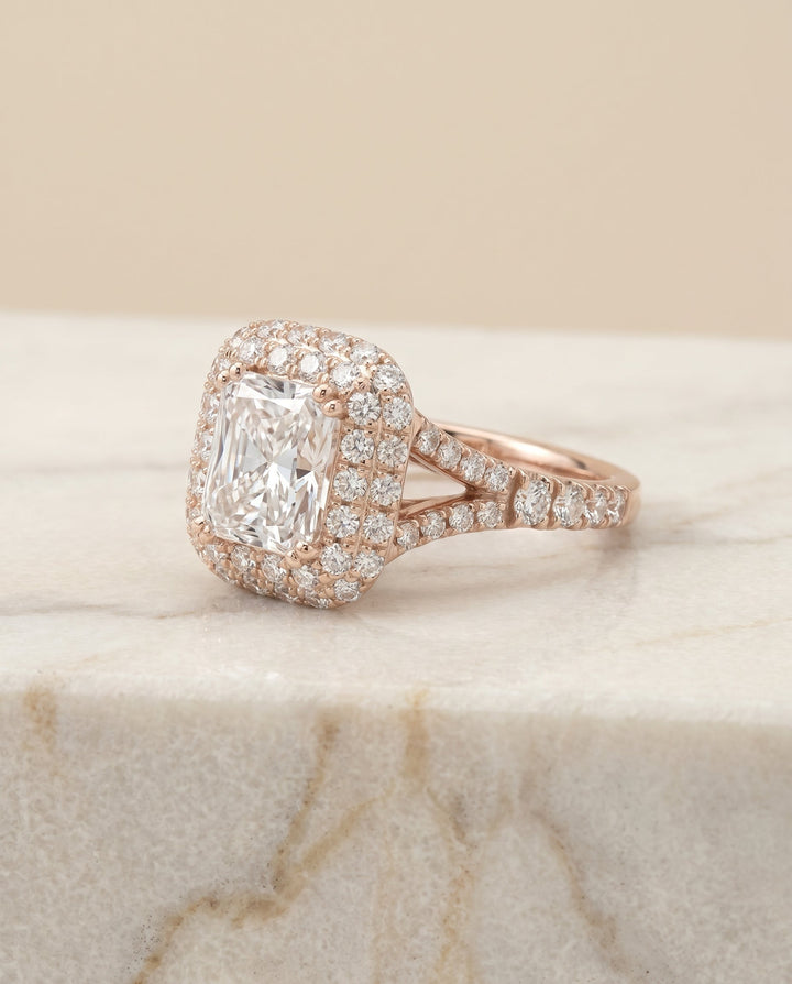 Betty Select Double Halo Radiant Cut Lab Diamond Engagement Ring in 14K Rose Gold, alternate angle | RockHer