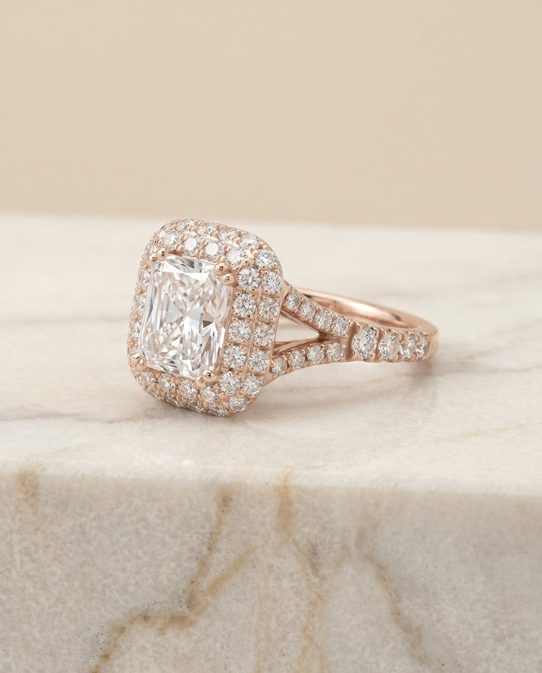 The Betty Select Double Halo Radiant Cut Lab Diamond Engagement Ring in 14K Rose Gold