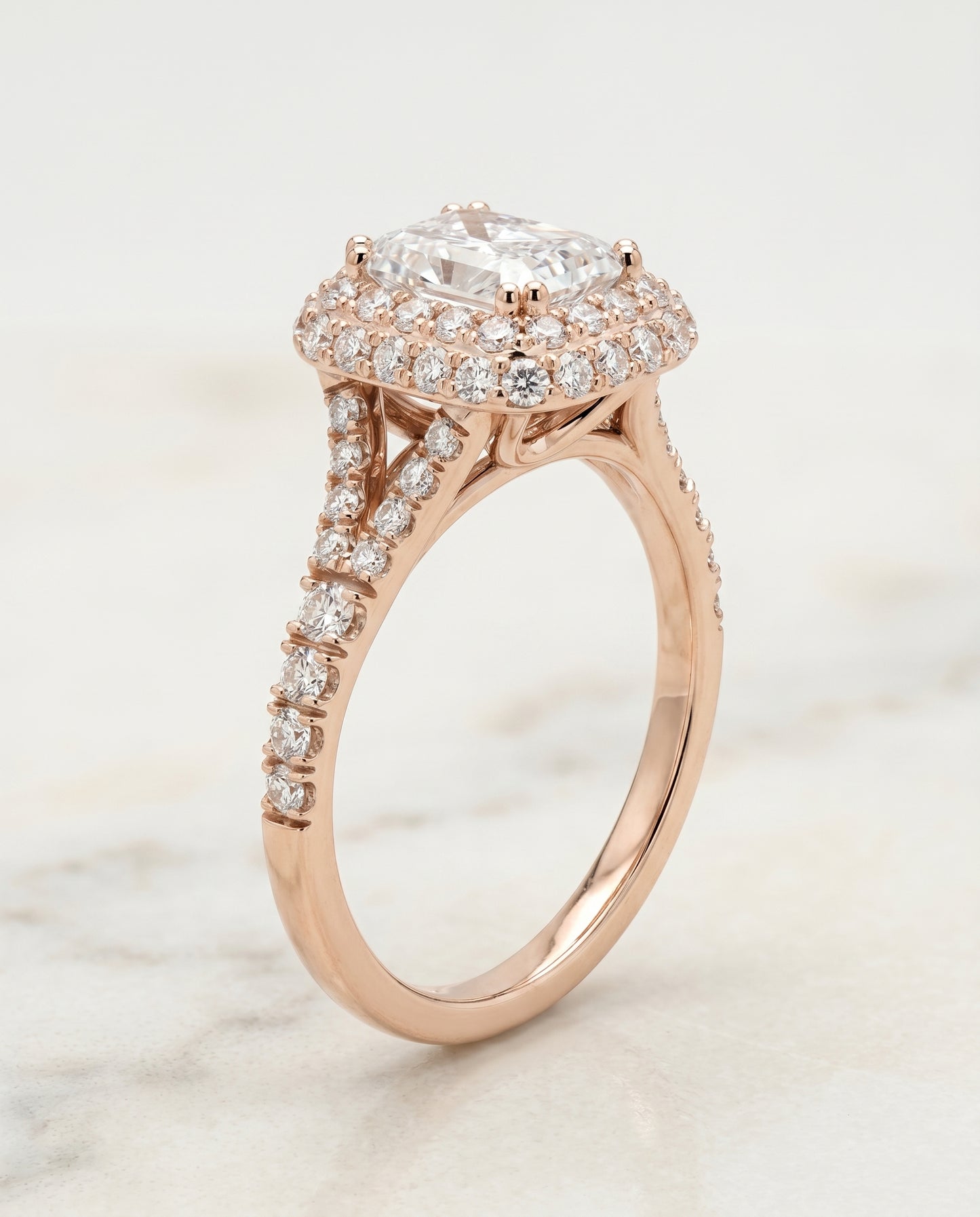 Double Halo Split Shank Radiant, in 14K Rose Gold, prong setting – front view | RockHer