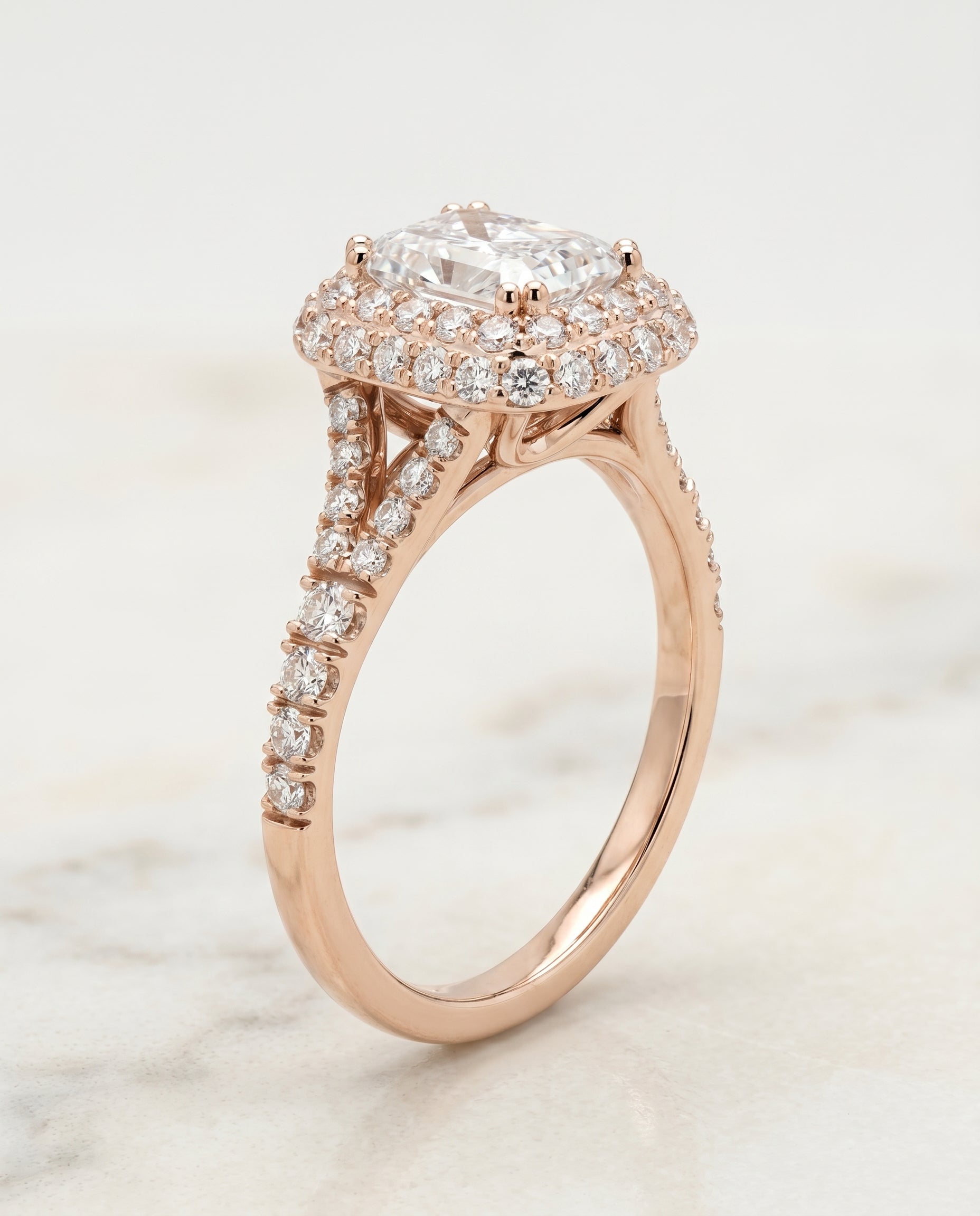 Double Halo Cut styling on The Betty radiant engagement ring setting | RockHer