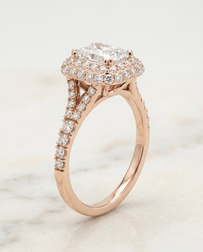 Double Halo Split Shank Radiant, in 14K Rose Gold, prong setting – front view | RockHer