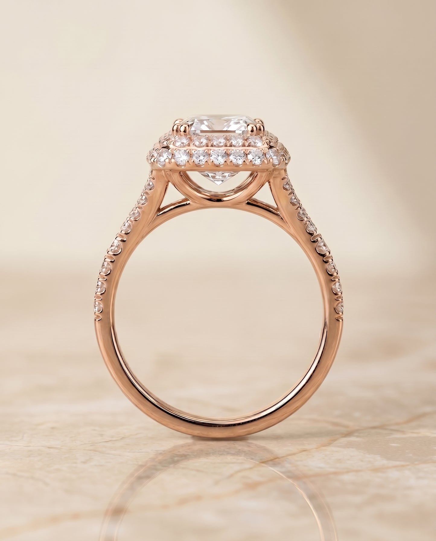 Double Halo Split Shank Radiant, in 14K Rose Gold, prong setting – side profile | RockHer