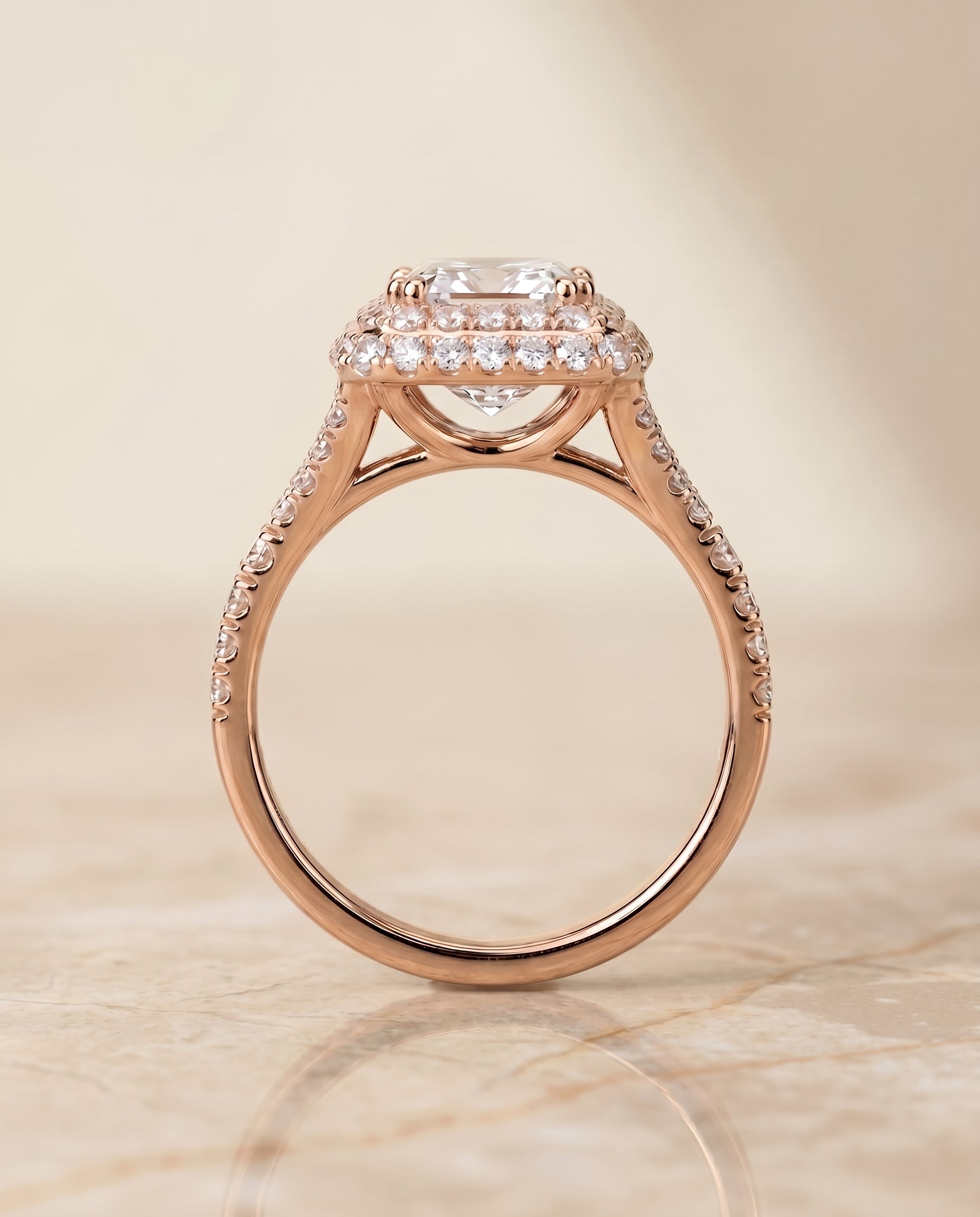 The Betty double halo cut engagement ring setting, shown in 14K Rose Gold | RockHer