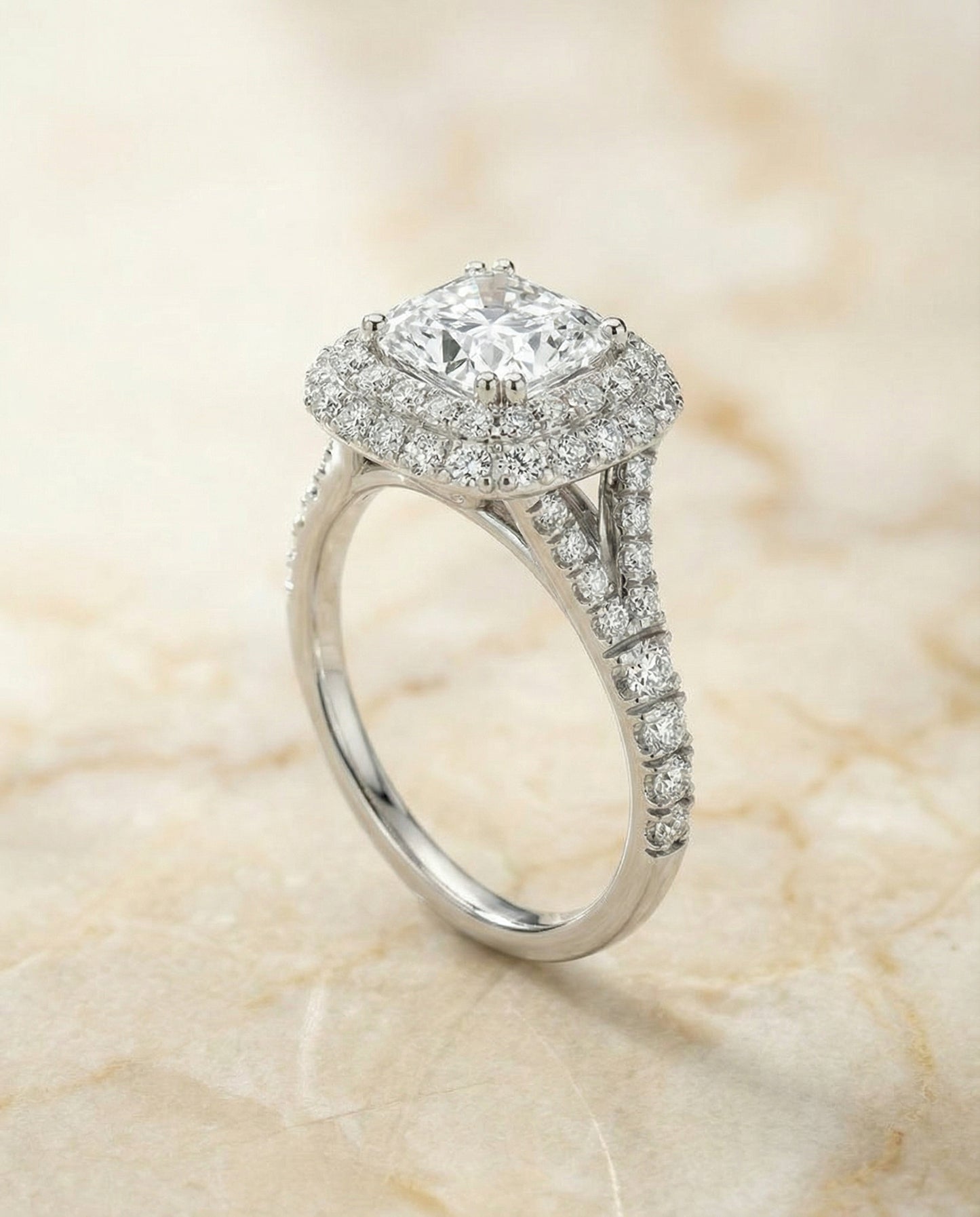 Double Halo Split Shank Radiant, in Platinum, prong setting – angled view | RockHer