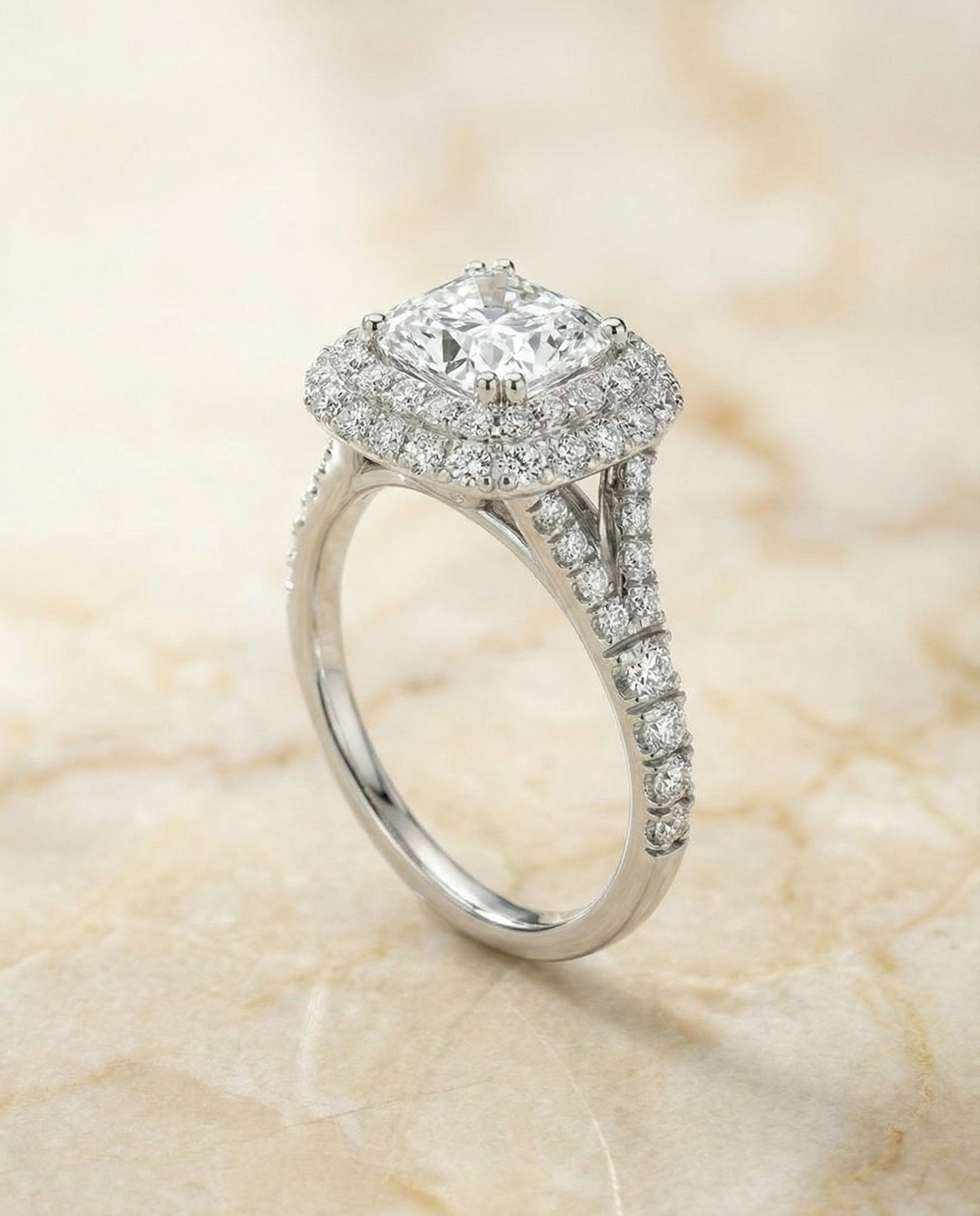 The Betty double halo cut engagement ring setting, shown in Platinum | RockHer