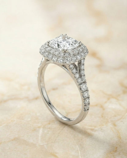 Double Halo Split Shank Radiant, in Platinum, prong setting – angled view | RockHer