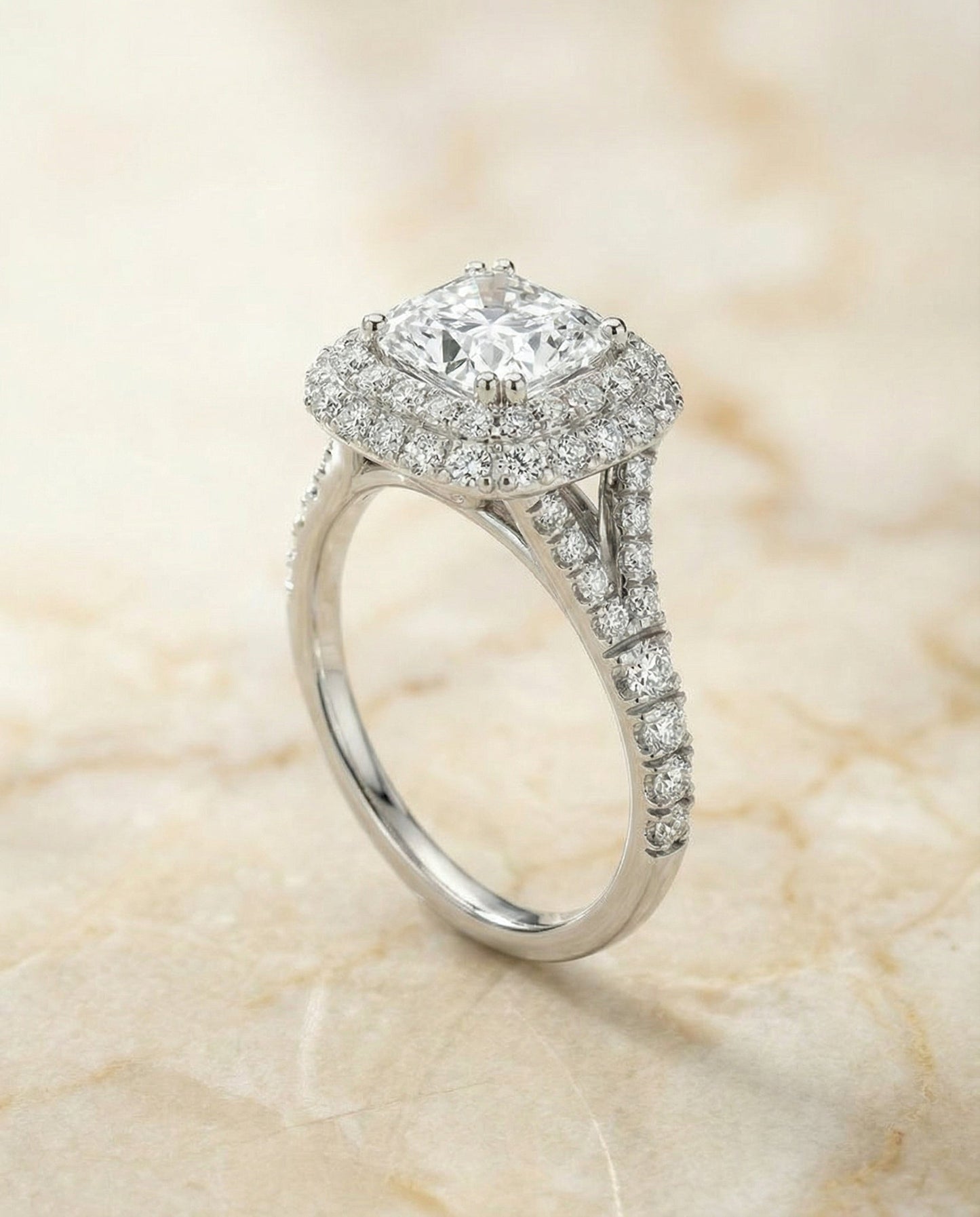 The Betty Select Double Halo Split Shank Radiant Engagement Ring with Lab Diamond in Platinum — view 6
