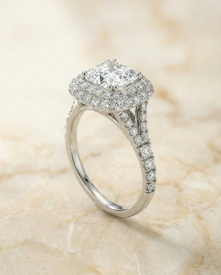 The Betty Select Double Halo Split Shank Radiant Engagement Ring with Lab Diamond in Platinum — view 6