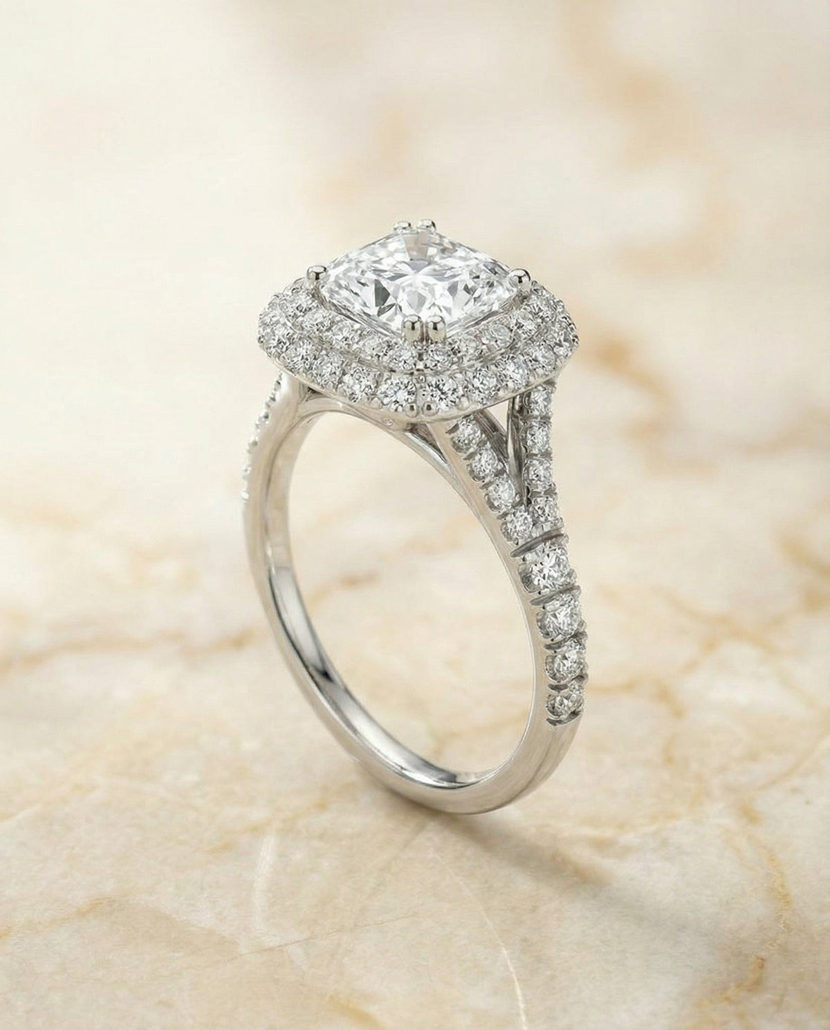 Betty Select Double Halo Radiant Cut Lab Diamond Engagement Ring in Platinum, alternate angle | RockHer