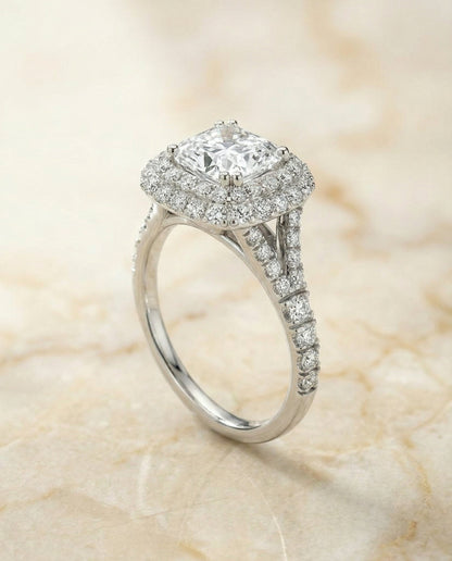 Betty Select Double Halo Radiant Cut Lab Diamond Engagement Ring in Platinum, alternate angle | RockHer