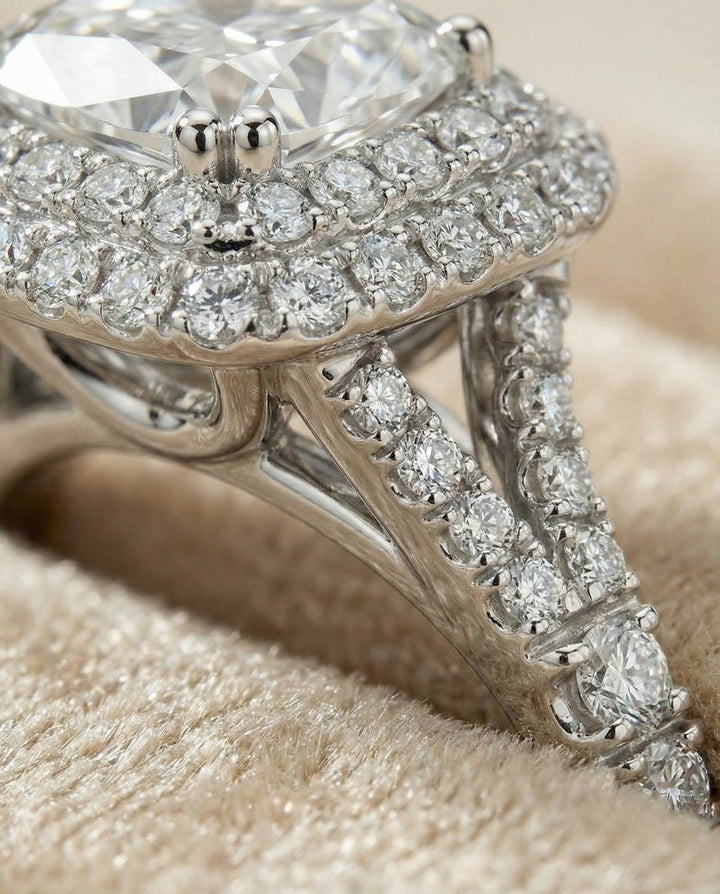 Double Halo Split Shank Radiant, in Platinum, prong setting – detail view | RockHer