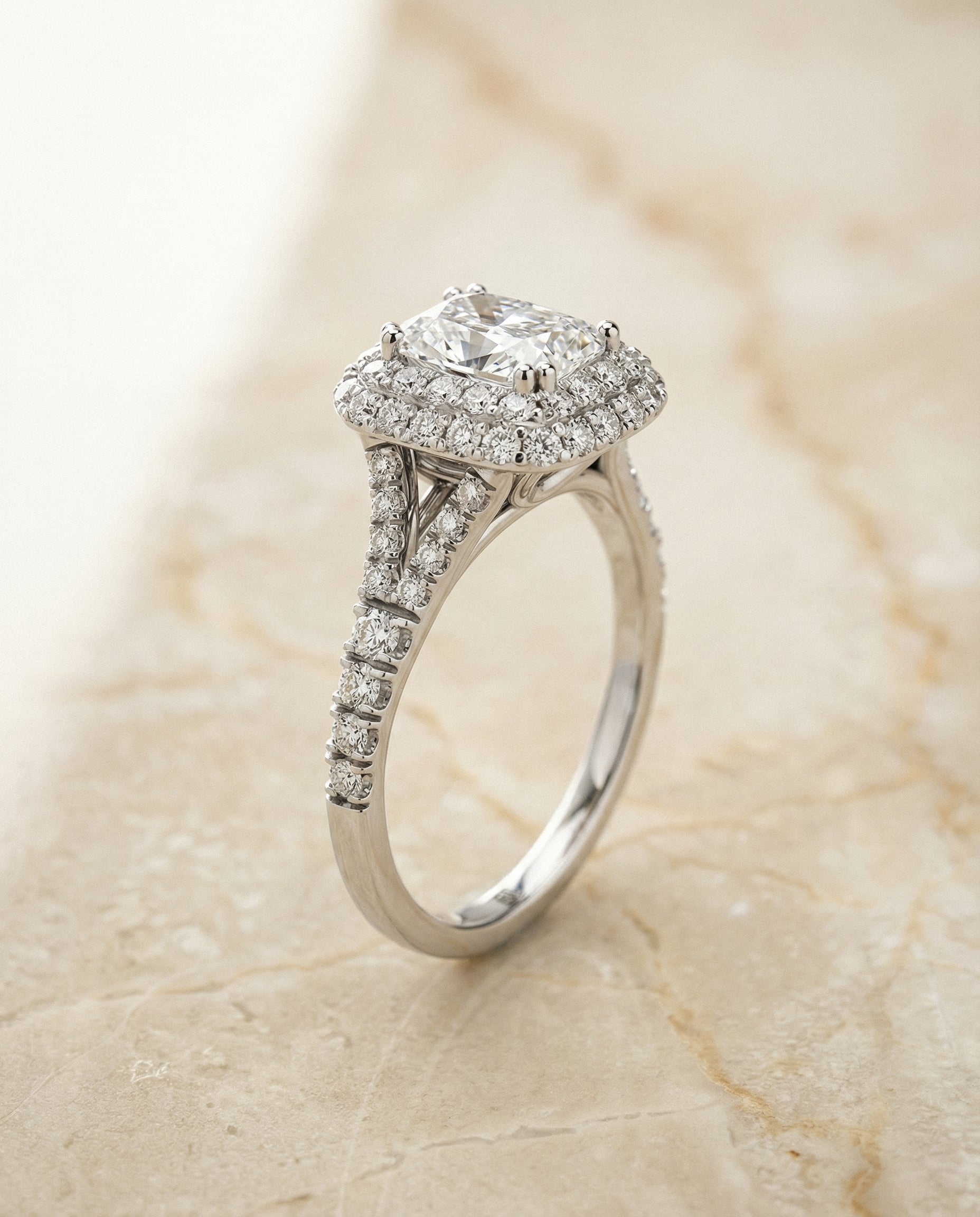 The Betty Select Double Halo Split Shank Radiant Engagement Ring with Lab Diamond in Platinum — view 1