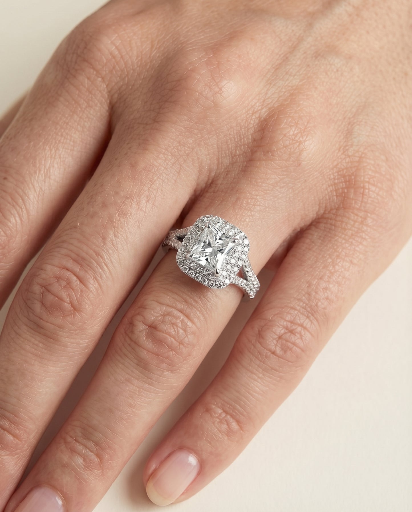 Double Halo Split Shank Radiant, in Platinum, prong setting – lifestyle shot | RockHer