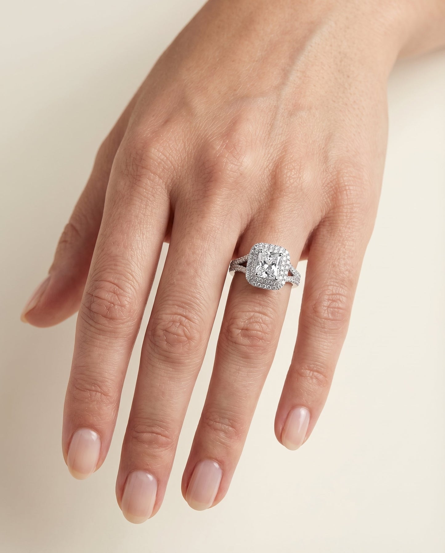 The Betty Select Double Halo Split Shank Radiant Engagement Ring with Lab Diamond in Platinum — view 3