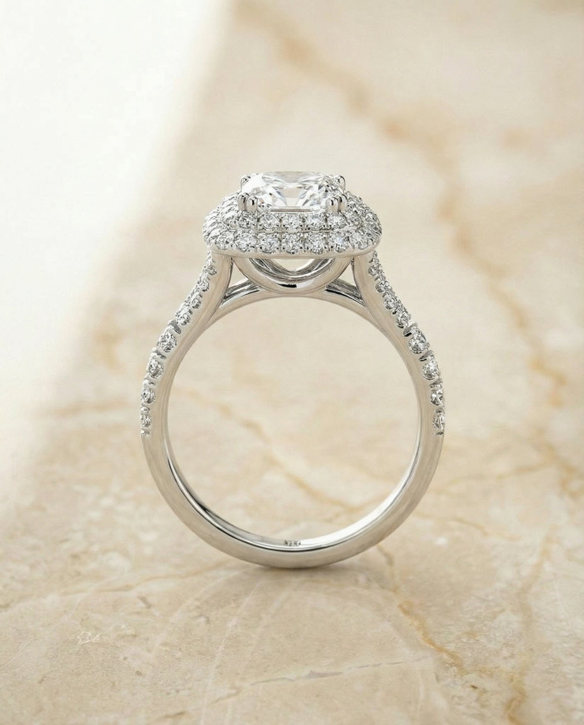 Double Halo Cut styling on The Betty radiant engagement ring setting | RockHer