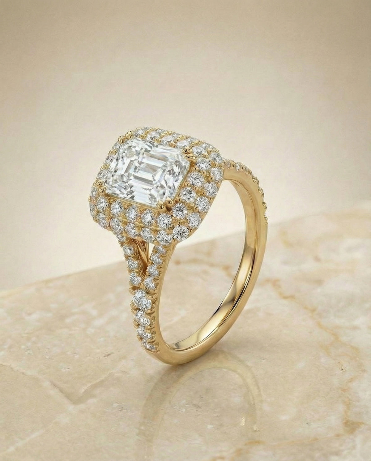 The Betty double halo cut engagement ring setting, shown in 18K Yellow Gold | RockHer