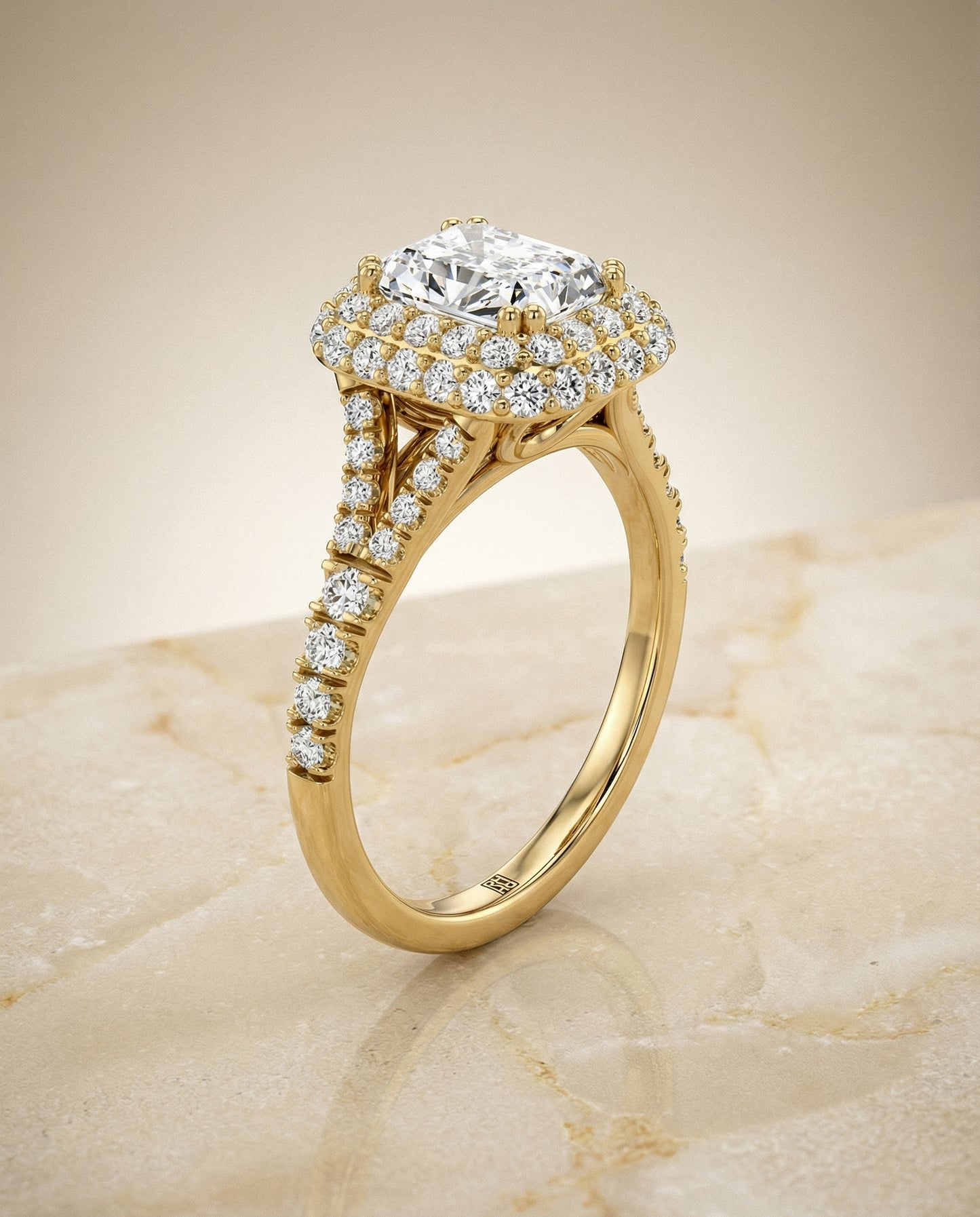 Double Halo Split Shank Radiant, in 18K Yellow Gold, prong setting – front view | RockHer