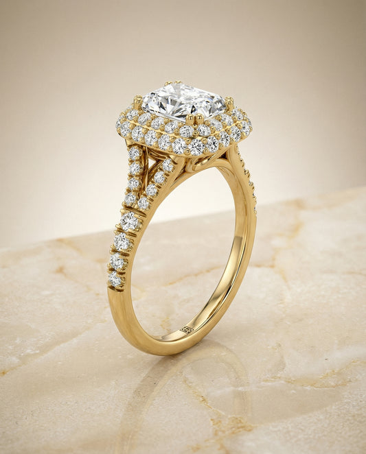 Double Halo Split Shank Radiant, in 18K Yellow Gold, prong setting – front view | RockHer