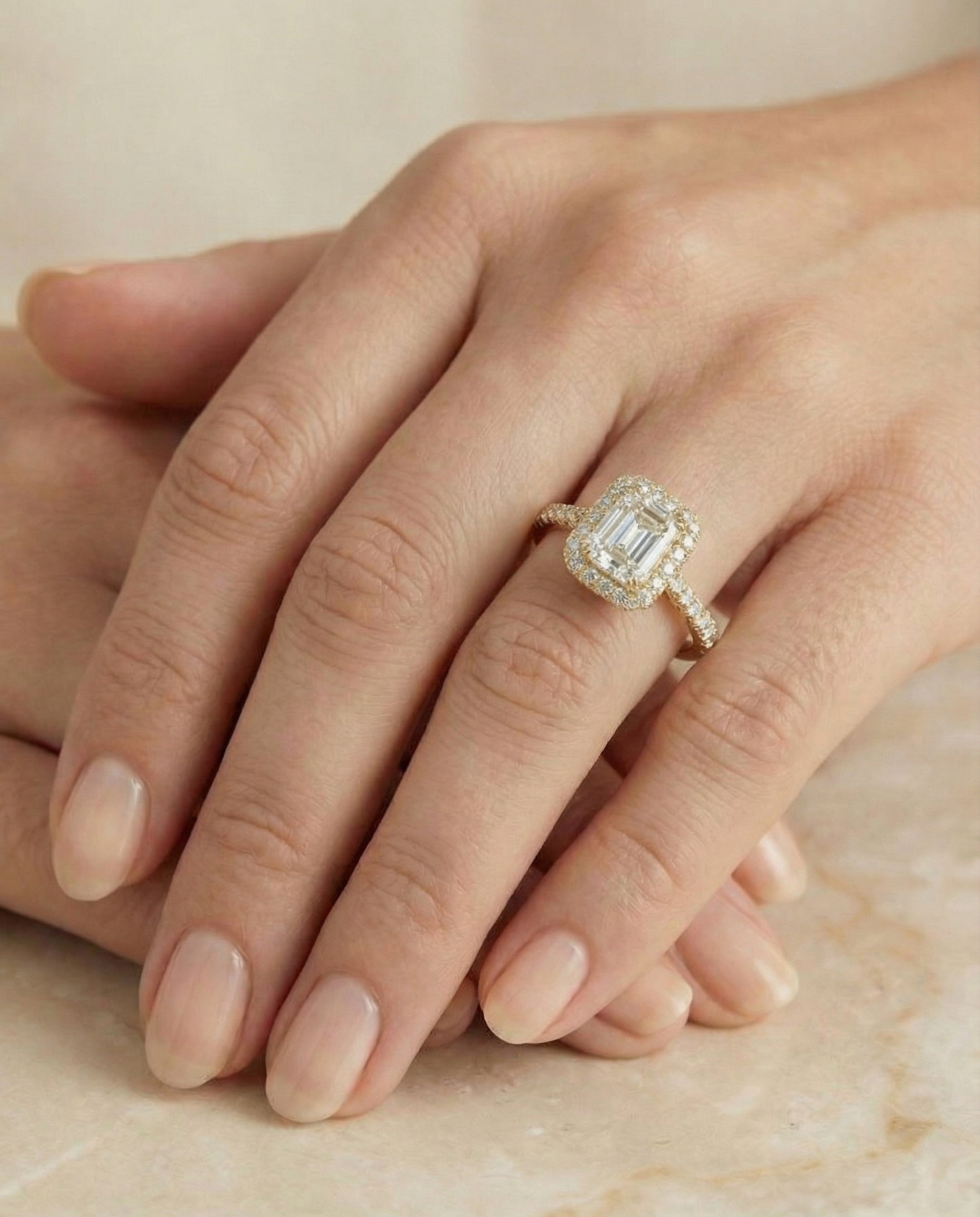 Double Halo Split Shank Radiant, in 18K Yellow Gold, prong setting – lifestyle shot | RockHer