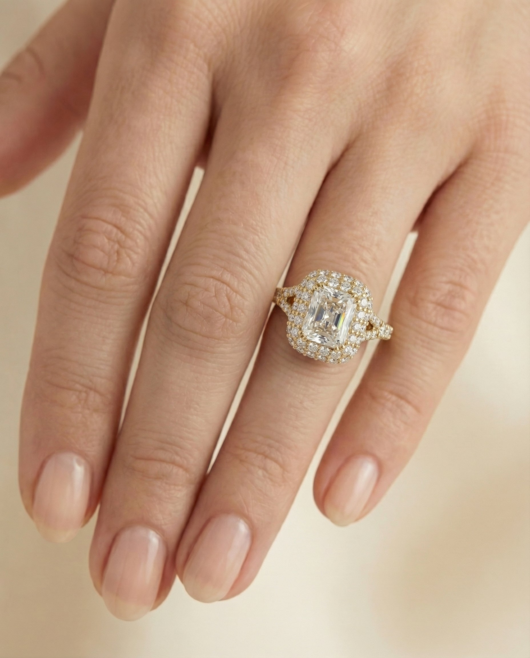 The Betty engagement ring setting in 18K Yellow Gold, double halo cut design | RockHer