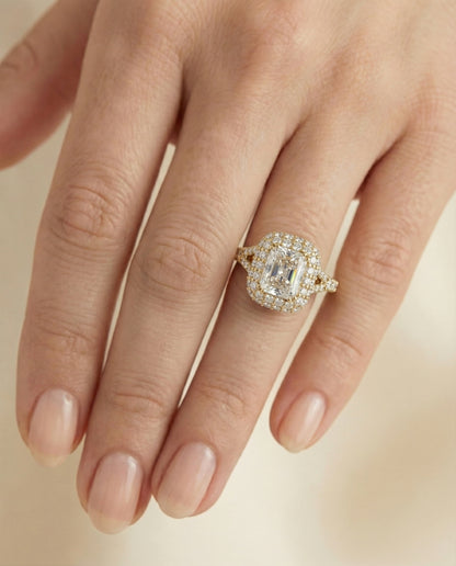 Double Halo Split Shank Radiant, in 18K Yellow Gold, prong setting – lifestyle shot | RockHer