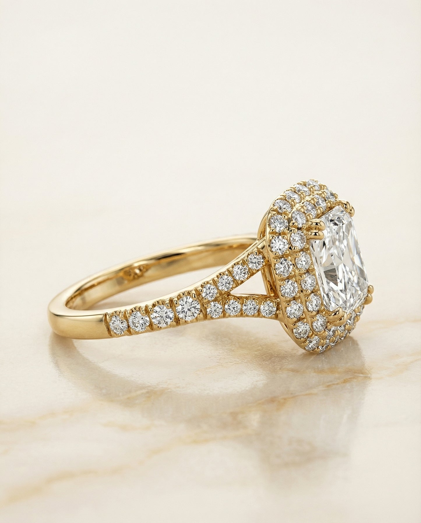 Double Halo Split Shank Radiant, in 18K Yellow Gold, prong setting – side profile | RockHer