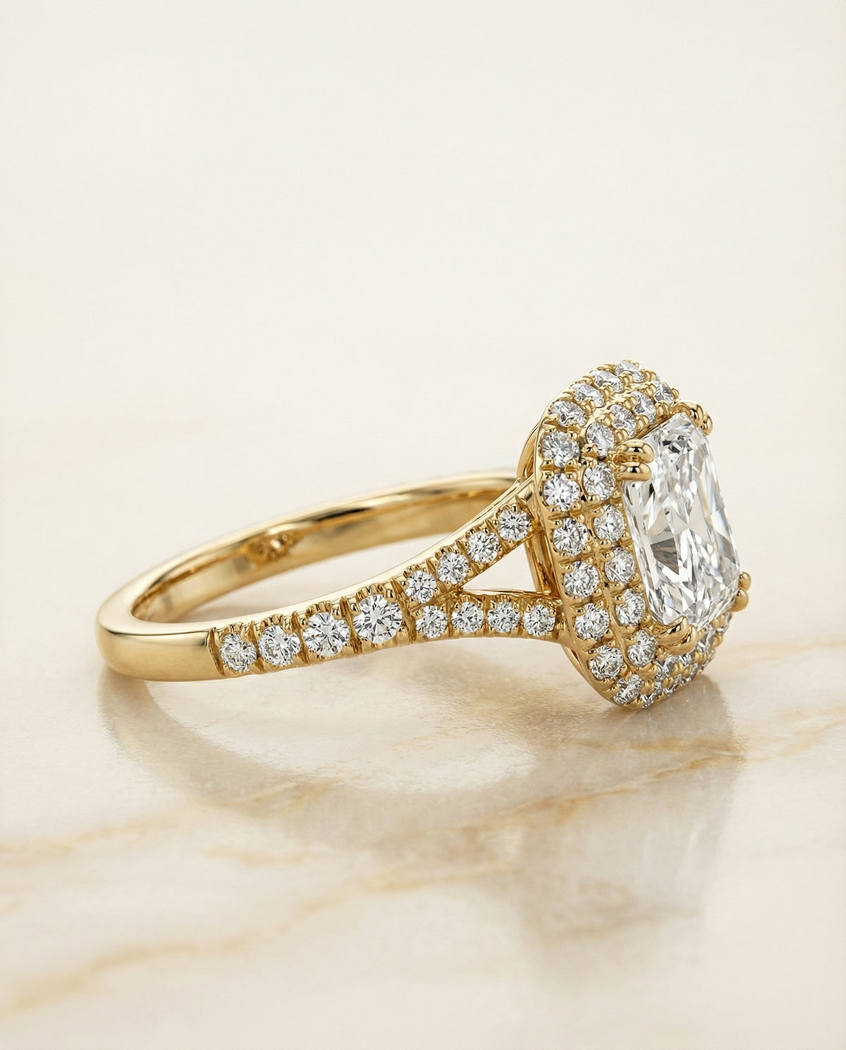 Double Halo Cut styling on The Betty radiant engagement ring setting | RockHer