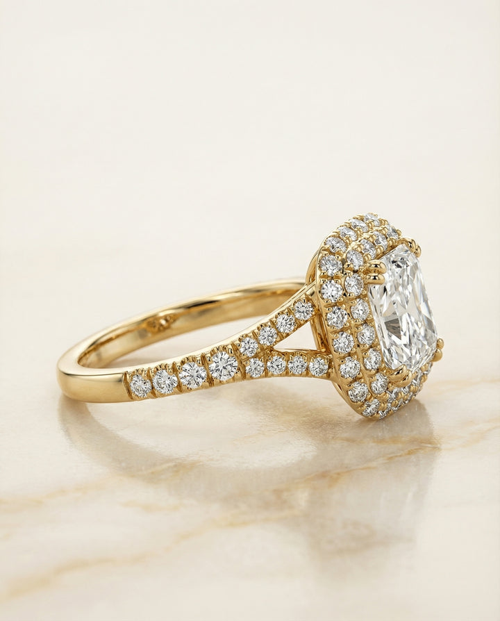 Double Halo Split Shank Radiant, in 18K Yellow Gold, prong setting – side profile | RockHer