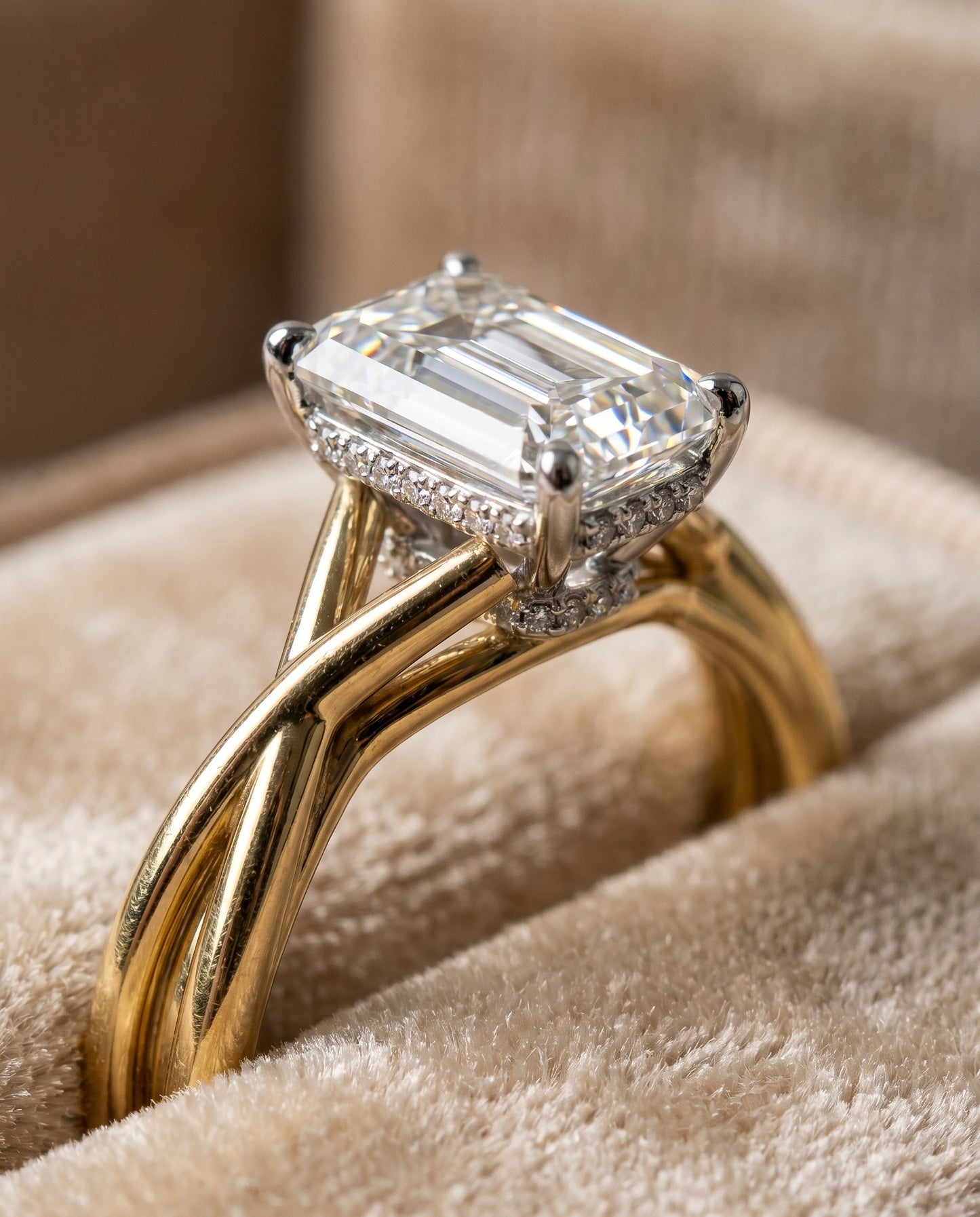 The Blondie Double Hidden Halo Solitaire Emerald Cut Engagement Ring Setting in 18K Yellow Gold